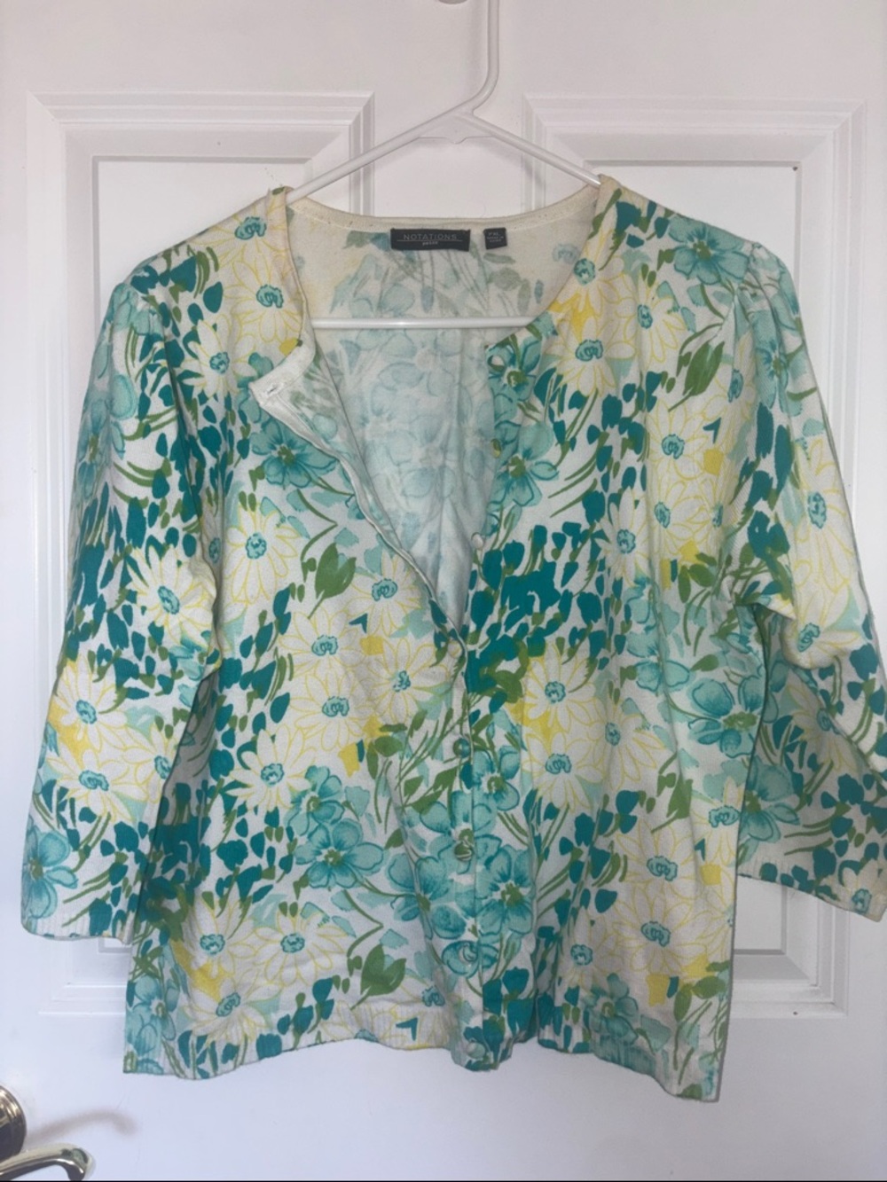 Notations Floral Button-Front Blouse in Teal, Yellow & White